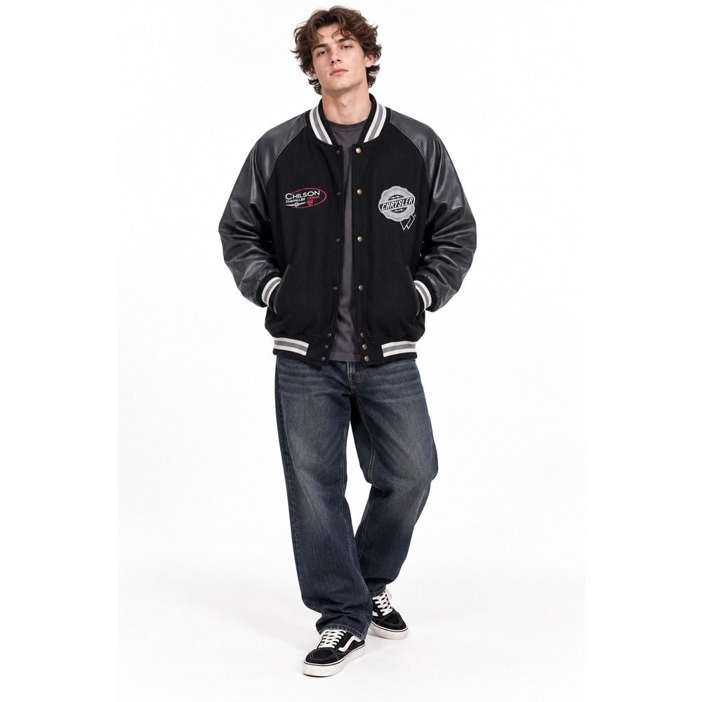 Chrysler Varsity Letterman Jacket Faux Leather Sleeves XL Black Gorpcore Retro